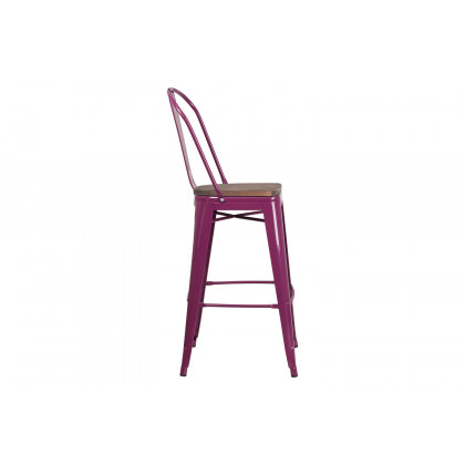 BLNK Cindy Metal Bar Stool with Back and Wood Seat - Purple