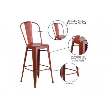 BLNK Cindy Commercial Metal Distressed Indoor-Outdoor Bar Stool with Back - Kelly Red