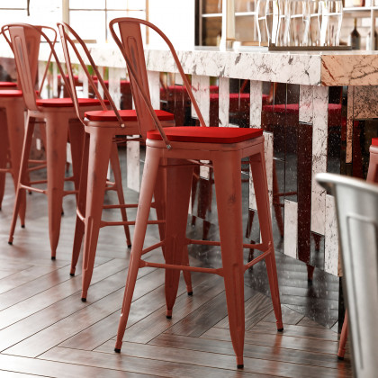 BLNK - Carly Commercial Metal Indoor-Outdoor Bar Stool with Back with Poly Resin Wood Seat
