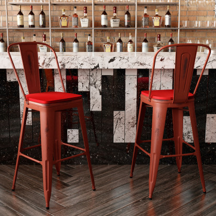 BLNK Carly Commercial Metal Indoor-Outdoor Bar Stool with Back with Poly Resin Wood Seat - Kelly Red/Red