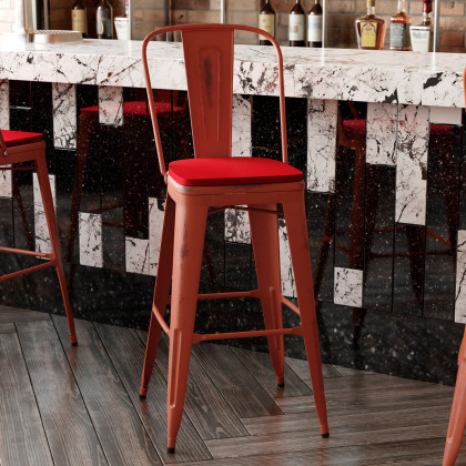 BLNK Carly Commercial Metal Indoor-Outdoor Bar Stool with Back with Poly Resin Wood Seat - Kelly Red/Red