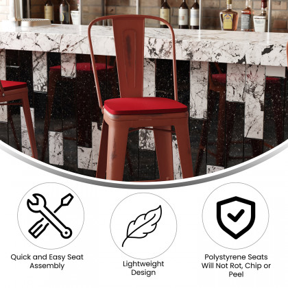 BLNK Carly Commercial Metal Indoor-Outdoor Bar Stool with Back with Poly Resin Wood Seat - Kelly Red/Red