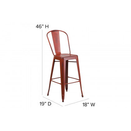 BLNK Carly Commercial Metal Indoor-Outdoor Bar Stool with Back with Poly Resin Wood Seat - Kelly Red/Red