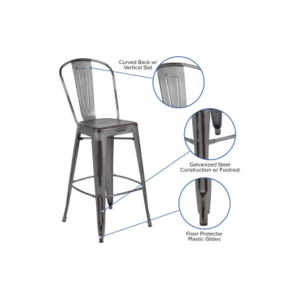 BLNK Cindy Commercial Metal Distressed Indoor-Outdoor Bar Stool with Back - Silver/Gray