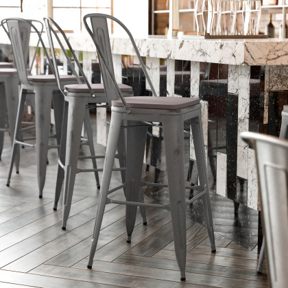 BLNK - Carly Commercial Metal Indoor-Outdoor Bar Stool with Back with Poly Resin Wood Seat