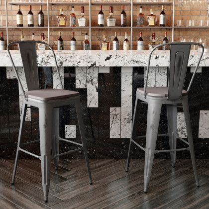 BLNK Carly Commercial Metal Indoor-Outdoor Bar Stool with Back with Poly Resin Wood Seat - Silver Gray/Gray