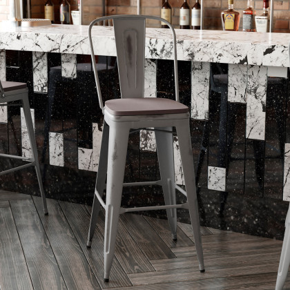 BLNK Carly Commercial Metal Indoor-Outdoor Bar Stool with Back with Poly Resin Wood Seat - Silver Gray/Gray