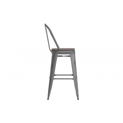 BLNK Carly Commercial Metal Indoor-Outdoor Bar Stool with Back with Poly Resin Wood Seat - Silver Gray/Gray