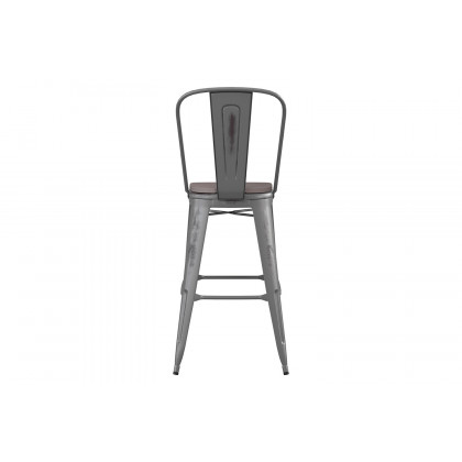 BLNK Carly Commercial Metal Indoor-Outdoor Bar Stool with Back with Poly Resin Wood Seat - Silver Gray/Gray