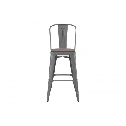 BLNK Carly Commercial Metal Indoor-Outdoor Bar Stool with Back with Poly Resin Wood Seat - Silver Gray/Gray