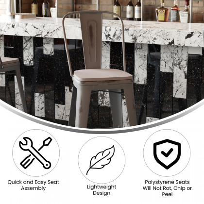 BLNK Carly Commercial Metal Indoor-Outdoor Bar Stool with Back with Poly Resin Wood Seat - Silver Gray/Gray