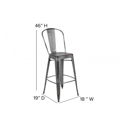 BLNK Carly Commercial Metal Indoor-Outdoor Bar Stool with Back with Poly Resin Wood Seat - Silver Gray/Gray
