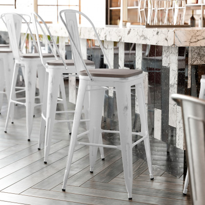 BLNK - Carly Commercial Metal Indoor-Outdoor Bar Stool with Back with Poly Resin Wood Seat