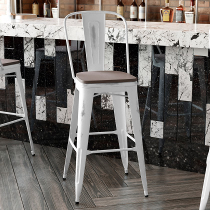 BLNK Carly Commercial Metal Indoor-Outdoor Bar Stool with Back with Poly Resin Wood Seat - White/Gray