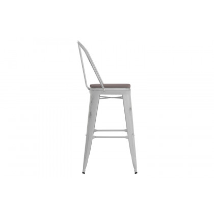 BLNK Carly Commercial Metal Indoor-Outdoor Bar Stool with Back with Poly Resin Wood Seat - White/Gray