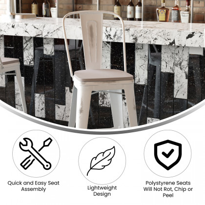 BLNK Carly Commercial Metal Indoor-Outdoor Bar Stool with Back with Poly Resin Wood Seat - White/Gray