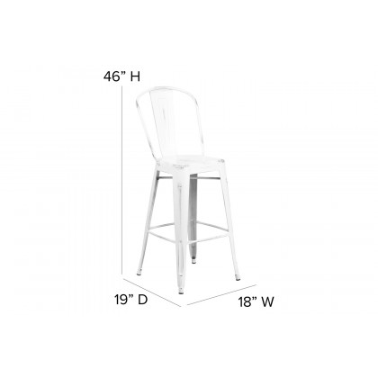 BLNK Carly Commercial Metal Indoor-Outdoor Bar Stool with Back with Poly Resin Wood Seat - White/Gray