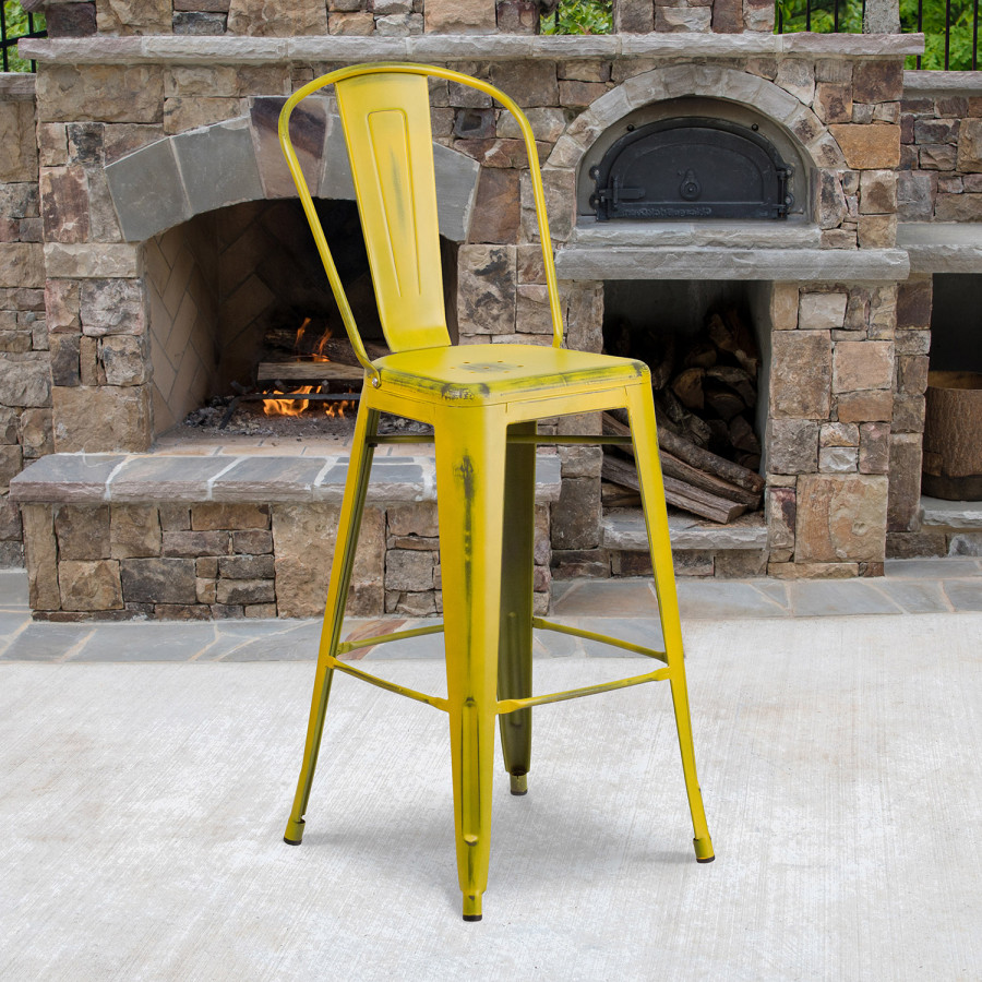BLNK Cindy Commercial Metal Distressed Indoor-Outdoor Bar Stool with Back - Yellow
