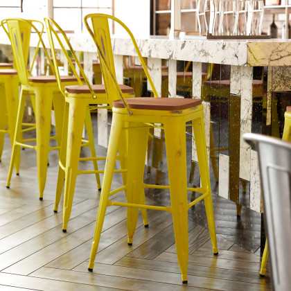 BLNK - Carly Commercial Metal Indoor-Outdoor Bar Stool with Back with Poly Resin Wood Seat