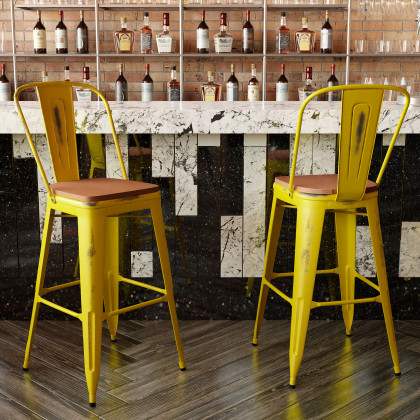 BLNK Carly Commercial Metal Indoor-Outdoor Bar Stool with Back with Poly Resin Wood Seat - Yellow/Teak