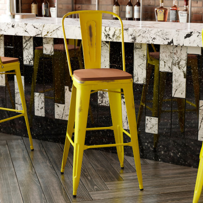 BLNK Carly Commercial Metal Indoor-Outdoor Bar Stool with Back with Poly Resin Wood Seat - Yellow/Teak