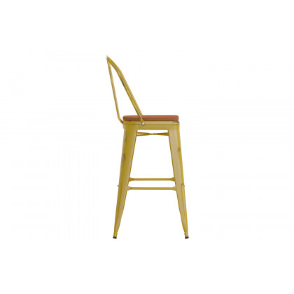 BLNK Carly Commercial Metal Indoor-Outdoor Bar Stool with Back with Poly Resin Wood Seat - Yellow/Teak