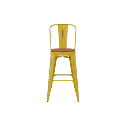 BLNK Carly Commercial Metal Indoor-Outdoor Bar Stool with Back with Poly Resin Wood Seat - Yellow/Teak