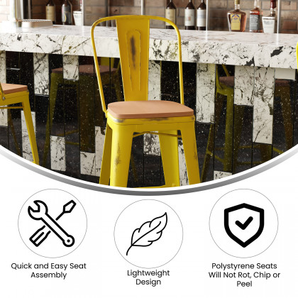 BLNK Carly Commercial Metal Indoor-Outdoor Bar Stool with Back with Poly Resin Wood Seat - Yellow/Teak