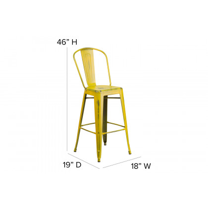 BLNK Carly Commercial Metal Indoor-Outdoor Bar Stool with Back with Poly Resin Wood Seat - Yellow/Teak