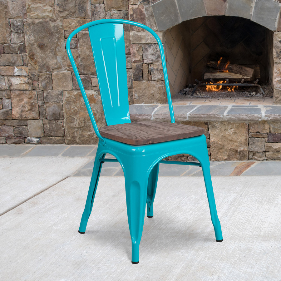 BLNK Tenley Metal Stackable Chair with Wood Seat - Crystal Teal/Blue