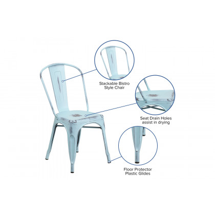 BLNK Tenley Commercial Metal Distressed Indoor-Outdoor Stackable Chair - Green/Blue