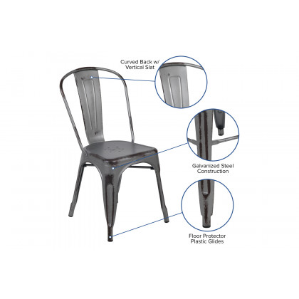 BLNK Tenley Commercial Metal Distressed Indoor-Outdoor Stackable Chair - Silver Gray
