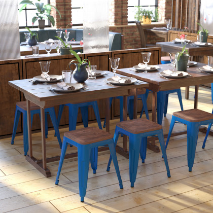 BLNK - Kai Commercial Metal Backless Stackable Table Height Dining Stool with Wooden Seat Set of 4