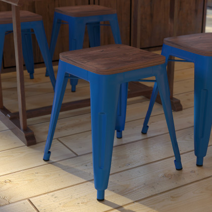 BLNK Kai Commercial Metal Backless Stackable Table Height Dining Stool with Wooden Seat Set of 4 - Royal Blue