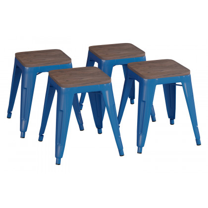 BLNK Kai Commercial Metal Backless Stackable Table Height Dining Stool with Wooden Seat Set of 4 - Royal Blue