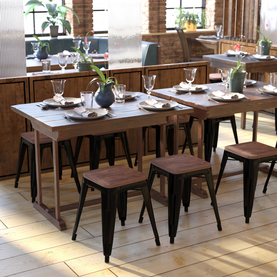 BLNK - Kai Commercial Metal Backless Stackable Table Height Dining Stool with Wooden Seat Set of 4