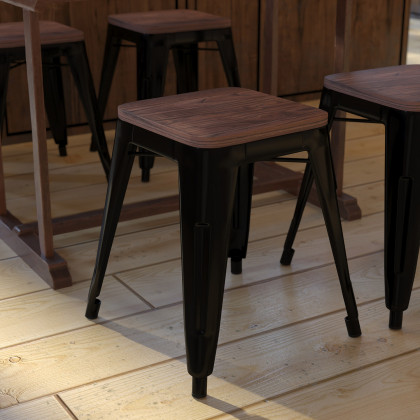 BLNK - Kai Commercial Metal Backless Stackable Table Height Dining Stool with Wooden Seat Set of 4