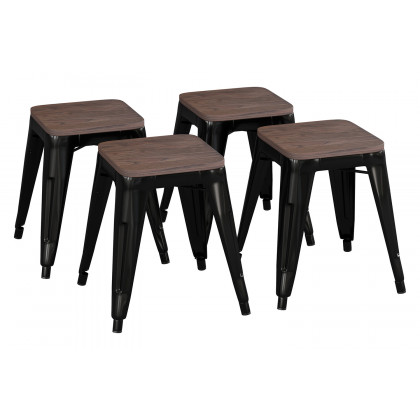 BLNK Kai Commercial Metal Backless Stackable Table Height Dining Stool with Wooden Seat Set of 4 - Black