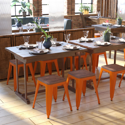 BLNK - Kai Commercial Metal Backless Stackable Table Height Dining Stool with Wooden Seat Set of 4
