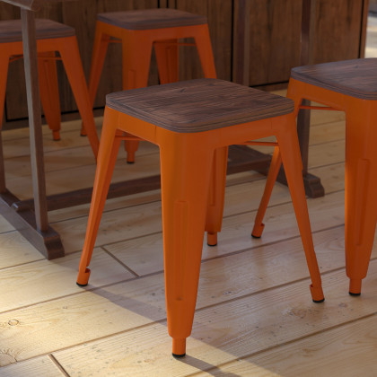 BLNK Kai Commercial Metal Backless Stackable Table Height Dining Stool with Wooden Seat Set of 4 - Orange