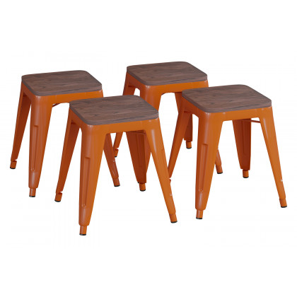 BLNK Kai Commercial Metal Backless Stackable Table Height Dining Stool with Wooden Seat Set of 4 - Orange
