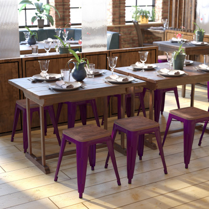 BLNK - Kai Commercial Metal Backless Stackable Table Height Dining Stool with Wooden Seat Set of 4