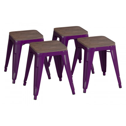 BLNK Kai Commercial Metal Backless Stackable Table Height Dining Stool with Wooden Seat Set of 4 - Purple