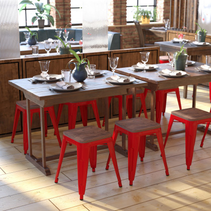 BLNK - Kai Commercial Metal Backless Stackable Table Height Dining Stool with Wooden Seat Set of 4