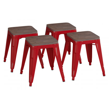 BLNK Kai Commercial Metal Backless Stackable Table Height Dining Stool with Wooden Seat Set of 4 - Red
