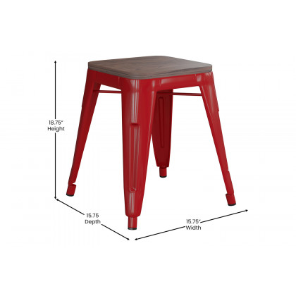 BLNK Kai Commercial Metal Backless Stackable Table Height Dining Stool with Wooden Seat Set of 4 - Red