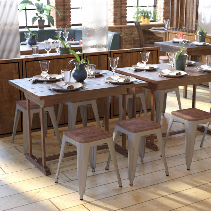 BLNK - Kai Commercial Metal Backless Stackable Table Height Dining Stool with Wooden Seat Set of 4