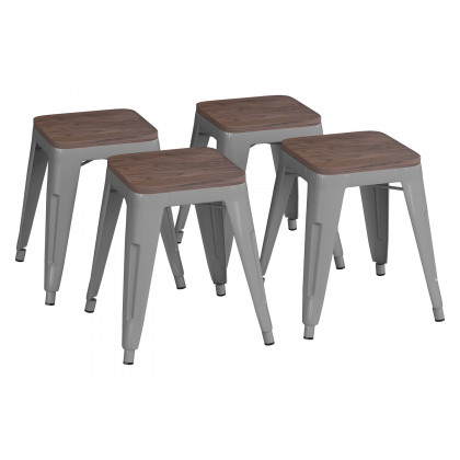 BLNK Kai Commercial Metal Backless Stackable Table Height Dining Stool with Wooden Seat Set of 4 - Silver