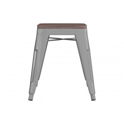 BLNK Kai Commercial Metal Backless Stackable Table Height Dining Stool with Wooden Seat Set of 4 - Silver