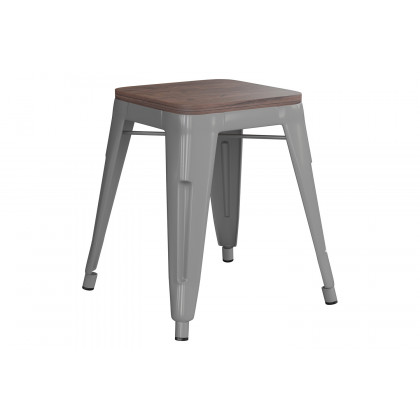 BLNK Kai Commercial Metal Backless Stackable Table Height Dining Stool with Wooden Seat Set of 4 - Silver